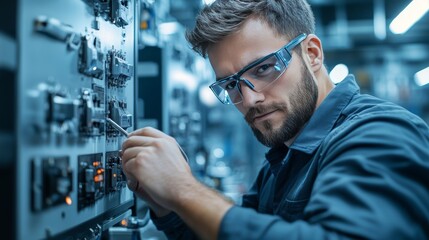 A focused engineer in safety glasses works on a complex industrial control panel.