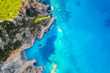 Plakaki beach on Zakynthos island or Zante Island, Greece. Beautiful views of azure sea water and nature with cliffs cave