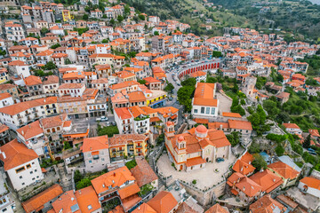 Aerial view of the town Arachova, Greece, near Parnassus mountain and Temple of Delphi.