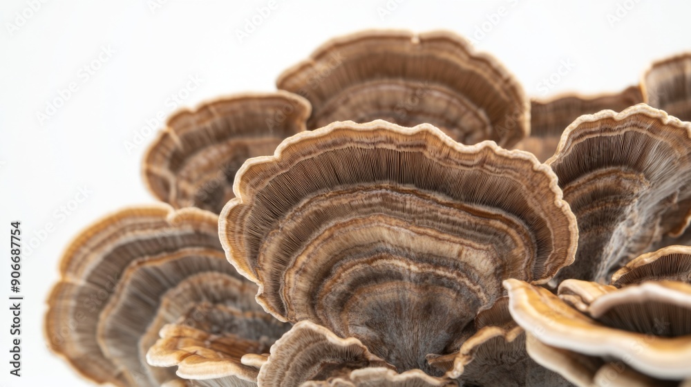 Poster detailed view of a cluster of turkey tail mushrooms, with their unique shapes highlighted against a 