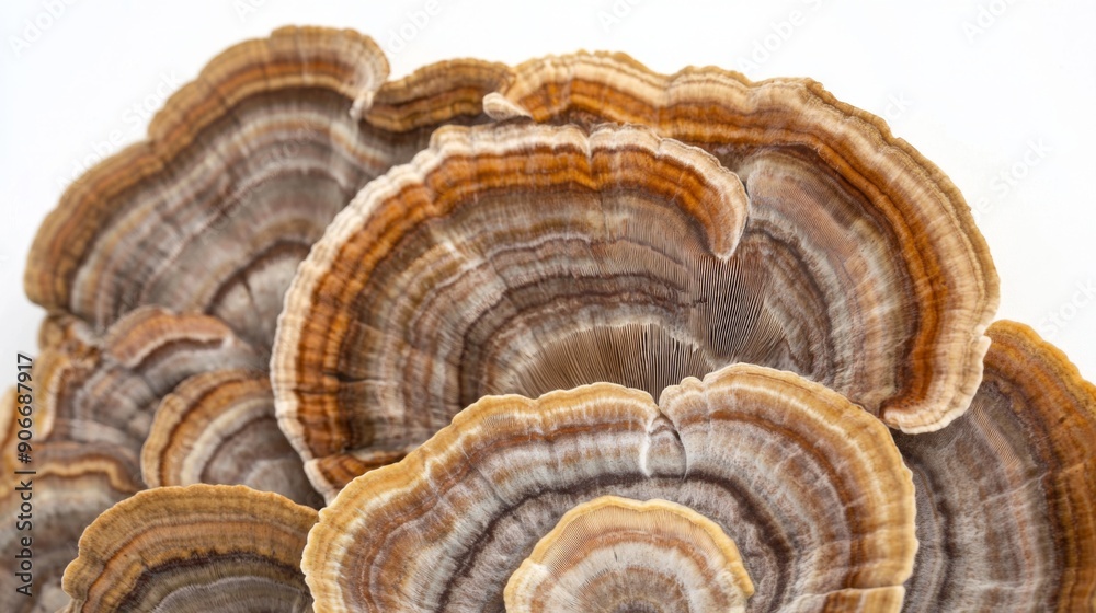 Poster detailed view of a cluster of turkey tail mushrooms, with their unique shapes highlighted against a 
