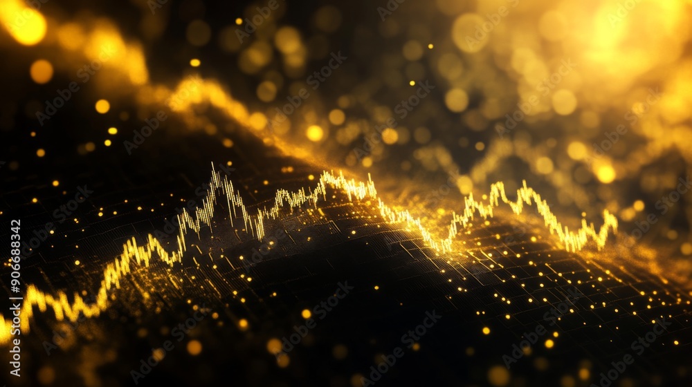 Poster detailed view of a gold market graph with fluctuating lines on a dark background.