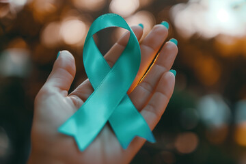 The ribbon on the woman's hand symbolizes awareness of ovarian cancer and PCOS.