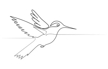 Obraz premium Continuous one line drawing of flying hummingbird. One line drawing illustration of colibri. Flying animal concept Single line, Hummingbird one line art design. Hand drawn illustration of hummingbird.