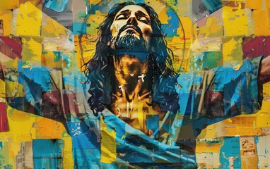 Fototapeta premium Portrait of Jesus Christ in crown of thorns made with colours realistic photo