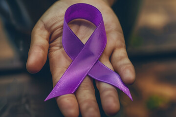 The purple ribbon in the woman's hand symbolizes awareness of ovarian cancer and PCOS.