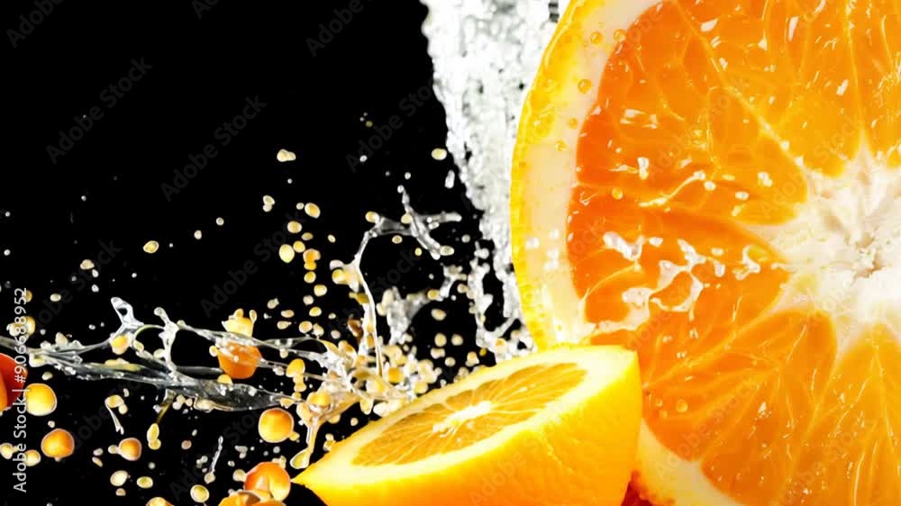 Poster a close up of an orange with water splashing out of it. the orange is cut in half and the water is c