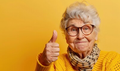 Elderly woman with glasses showing thumbs up. Free copy space for text.