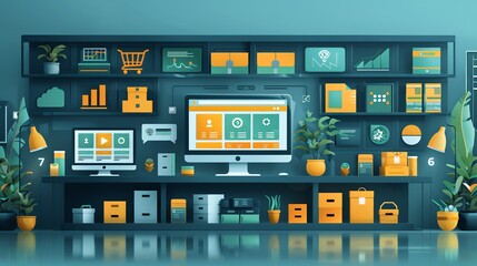 Analytics for e-commerce depicted in a minimalist abstract style, showcasing the benefits of data-driven decision-making in enhancing online retail success. high resolution Illustration, in the style