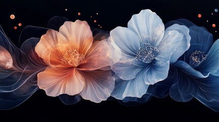 Obraz premium Abstract floral design with delicate flowers and glowing particles on a dark background.