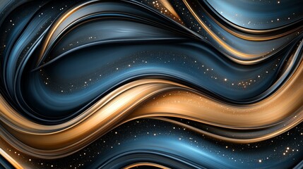 Abstract background with swirling blue and gold liquid shapes with glitter.
