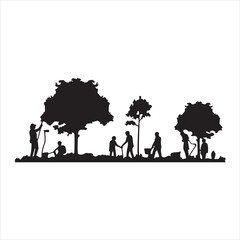 Planting tree and landscaping silhouette on a white background
