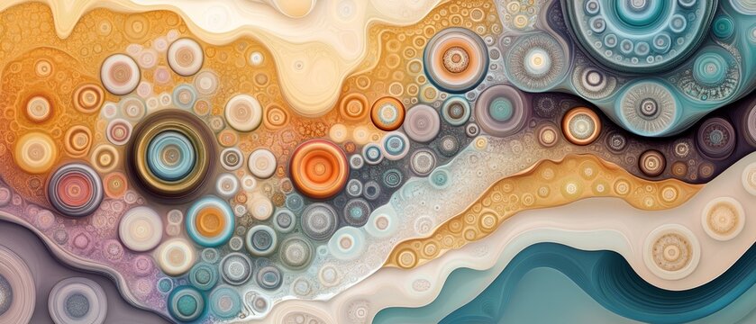 Abstract colorful pattern with swirling circles and organic shapes.