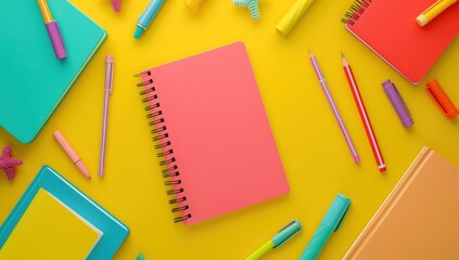 Notepads pens and other stationery of different colours lie on a yellow background