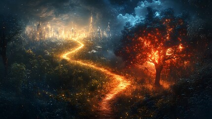 Fototapeta premium Cityscape and a Burning Tree