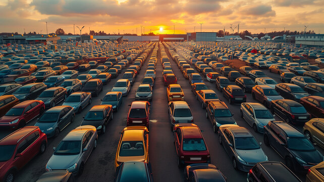 Busy dealer with rows of used cars for sale. Concept car dealer