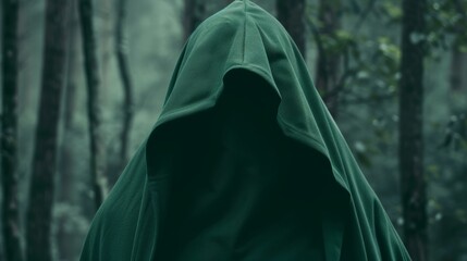 Cloaked person in a dark forest, hood hiding their face, cloak swaying gently, with the sound of whispering leaves and distant animals