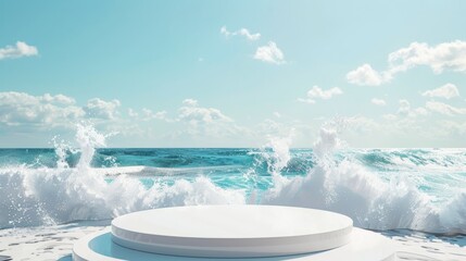 A podium placed on a beach with a backdrop of crashing waves and a clear blue sky, representing the importance of preserving our oceans on World Ocean Day 
