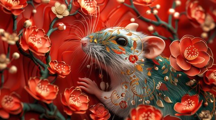 An artistic rendering of a rat with intricate floral and geometric patterns, symbolizing the Year of the Rat, set against a rich red background with gold accents 