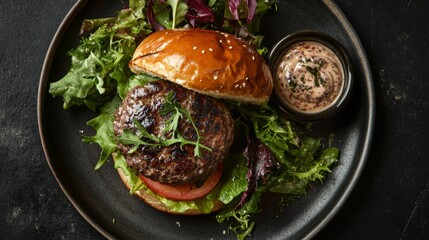 Gourmet truffle burger with a brioche bun and truffle aioli, accompanied by a side salad, photographed from above.