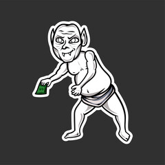 Greedy Goblin Baby: A cartoon illustration of a mischievous, money-hungry goblin baby, clutching a wad of cash with a sly grin. This whimsical design is perfect for projects related to fantasy, greed