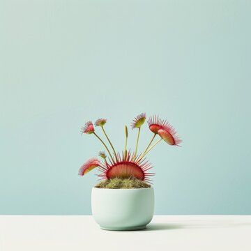 Medium shot of a Venus flytrap in the pot, isolated on a solid light pastel white background