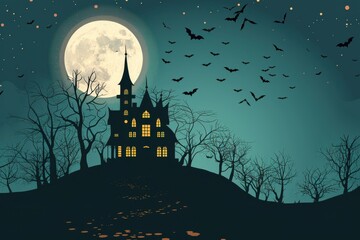 Fototapeta premium An old, spooky house on top of a hill with a full moon