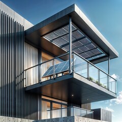 Obraz premium Modern Solar Home: Contemporary house with panels against blue sky