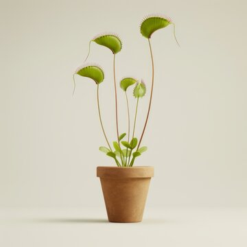 Medium shot of a Venus flytrap in the pot, isolated on a solid light pastel white background