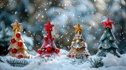 Close up of four ornamental Christmas trees in snow