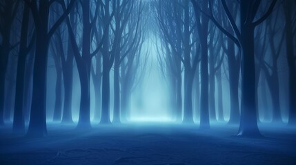 Fototapeta premium Mystic forest filled with bioluminescent flora, casting an unsettling light. Gnarled trees and a thick fog add to the Halloween spookiness