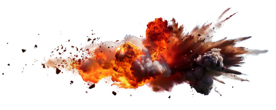 Massive fiery explosion with thick smoke and debris isolated transparent background PNG