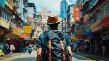 Fototapeta premium Traveler with a backpack, captured from behind as they explore a new city