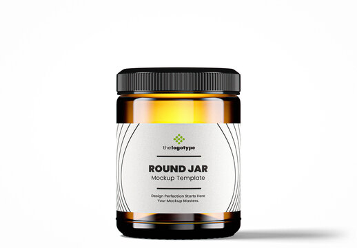 Straight-sided Amber Glass Round Jar Mockup