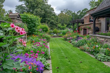 Naklejka premium Beautifully designed backyard garden with colorful flowers, lush green grass, stone walls, winding pathways, outdoor fireplace, natural rock features, ornamental plants
