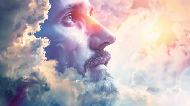 A man looks upward, lost in thought, as colorful clouds surround him during a stunning sunrise.