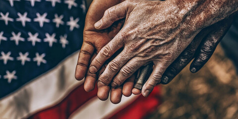Joined hands of different ethnicities with the United States flag in the background