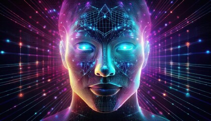 Fototapeta premium AI background, AI hologram face images, artificial intelligence images, colorful glowing lines background.