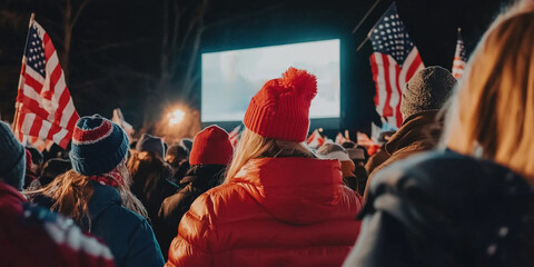 Obraz premium People with red coats and hats in patriotic demonstration