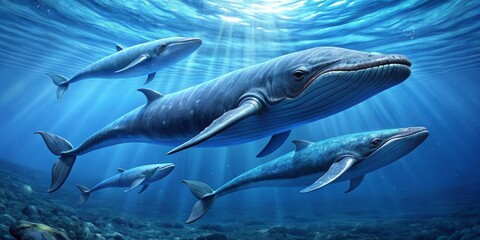 Fototapeta premium Beneath the Waves A Digital Painting of Three Whales Swimming in a Sunlit Ocean, Underwater Scene, Digital Art, Blue Whale, Ocean Life, Marine Animal, Whale Art