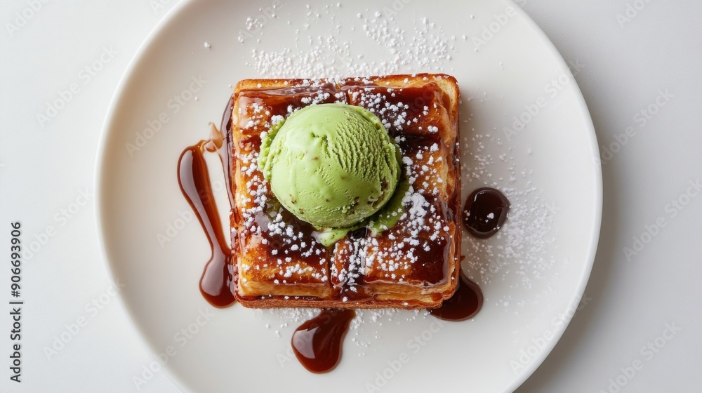 Poster Honey toast topped with a scoop of matcha ice cream and red bean paste, photographed from above on a white background.