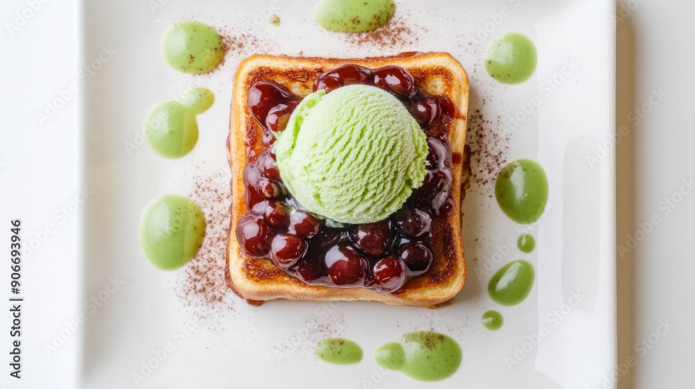 Poster Honey toast topped with a scoop of matcha ice cream and red bean paste, photographed from above on a white background.