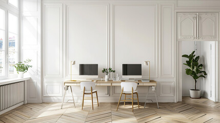 a workplace with two computer desks and white chairs