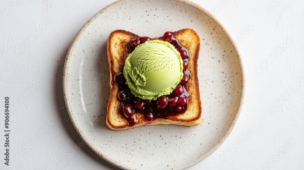 Poster Honey toast topped with a scoop of matcha ice cream and red bean paste, photographed from above on a white background.