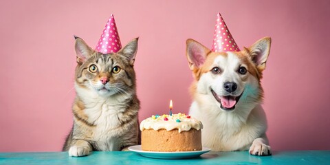 Cat and Dog Celebrate Birthday with Cake, Pink Background, Birthday Party, Pets, Celebration