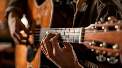 Fototapeta premium Person playing an acoustic guitar, with the focus on the hands and instrument