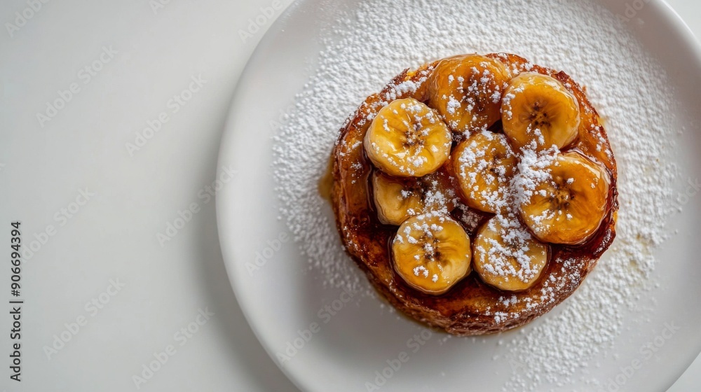 Poster honey toast topped with caramelized bananas and a sprinkle of powdered sugar, shot from above on a w