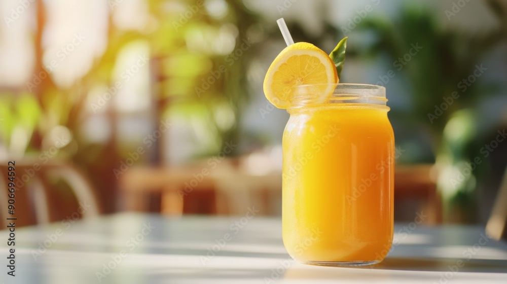 Aufkleber Honey lemon juice in a glass jar with a straw and lemon garnish,