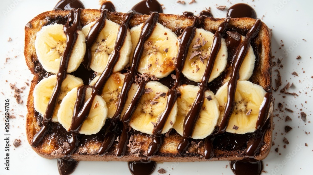 Poster honey toast with a drizzle of chocolate sauce and fresh banana slices, photographed from above on a 