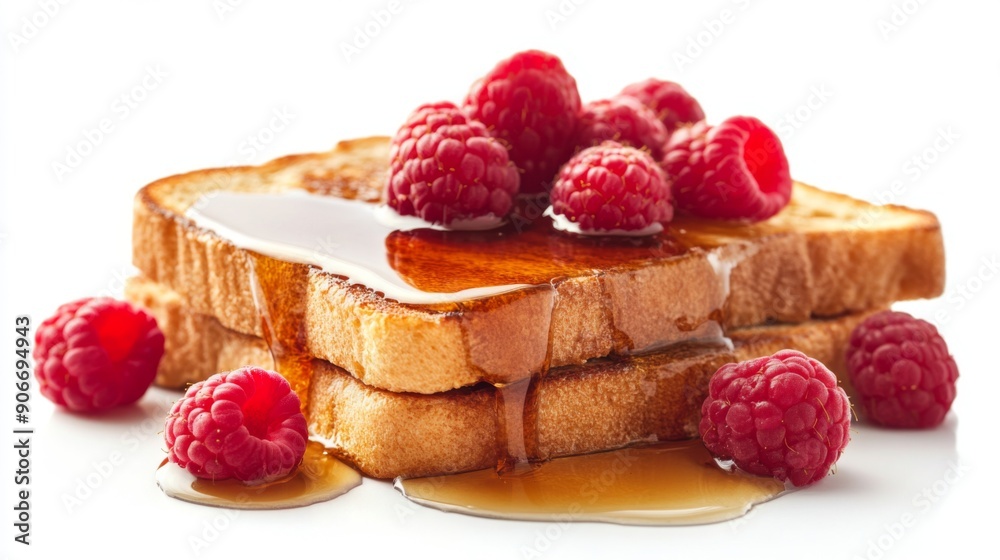 Poster Honey toast with a generous drizzle of maple syrup and fresh raspberries, isolated on a white background.